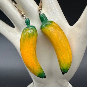 Banana Earrings Wooden Tropical Fruit Dangle Drop Yellow Kitschy Funky Beach